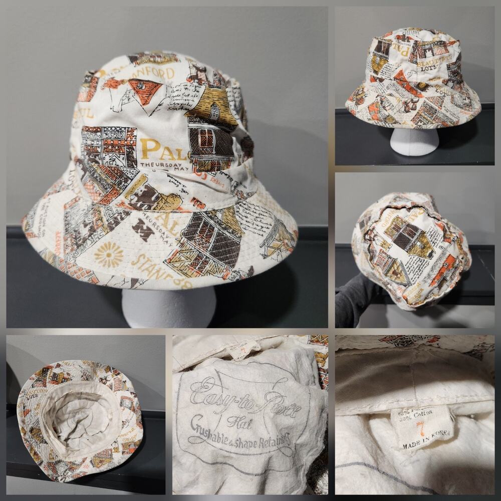 VTG Easy-to-Roll Colonial Adult Mens Size 7 All Over Print AOP Bucket Hat Cap